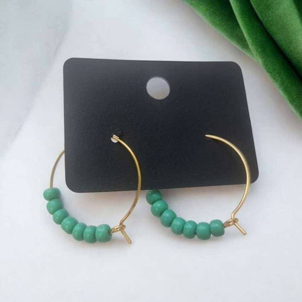 Gold and Green Beaded Hoop Earrings